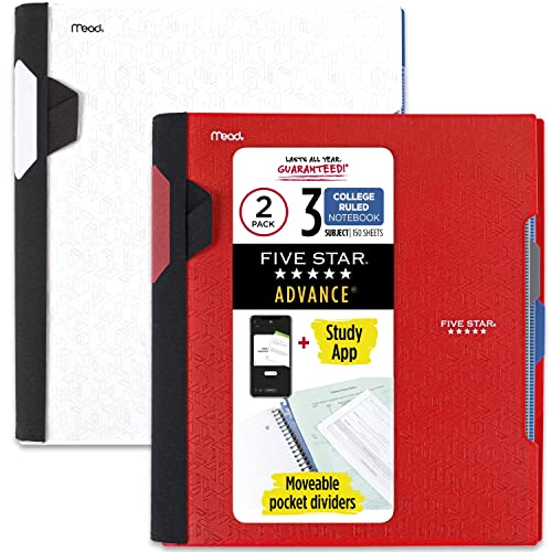 Five Star Advance Spiral Notebooks + Study App, 2 Pack, 3 Subject, College Ruled Paper, 11" x 8-1/2", 150 Sheets, with Spiral Guard and Movable Dividers, Red, White (820111)