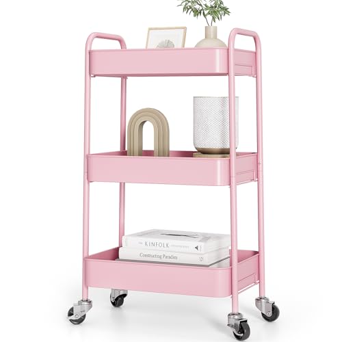 TOOLF 3-Tier Metal Rolling Cart (Pink)
