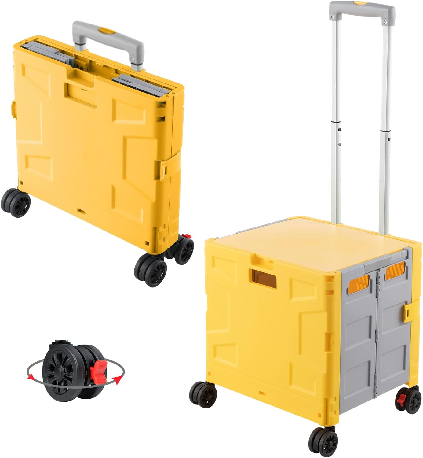 FELICON Folding Utility Cart Portable Rolling Crate Handcart with Durable Heavy Duty Plastic Telescoping Handle Collapsible Hidden Lid 4Rotate Wheels for Travel Shop Move Office Teacher(Yellow&Gray)