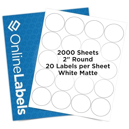 2" Round Labels - Permanent Adhesive, White Matte - Great for Candle and Jar Lids, Products, Favor Labels - Pack of 40,000 Circle Stickers, 2,000 Sheets - Inkjet/Laser Printers, OL5375WX, OnlineLabels