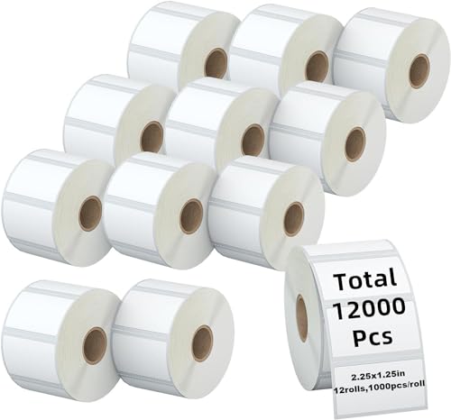KingTac(12,000 Labels,12 Rolls) 2.25" X 1.25 Direct Thermal Labels - 12 Rolls,1000/Roll,12,000 Pcs- Perforated Stickers for Barcode Address, Compatible with Zebra & Rollo & MUNBYN Desktop Printer