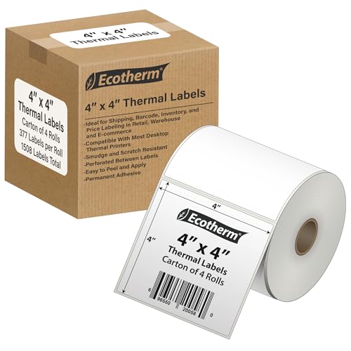 4" x 4" Thermal Labels | 4 Rolls | 1508 Labels | fits Zebra, Munbyn, Rollo, Godex, Arkscan, iDPRT, Offnova Thermal Label Printers and More | Blank White Adhesive Stickers by Ecotherm