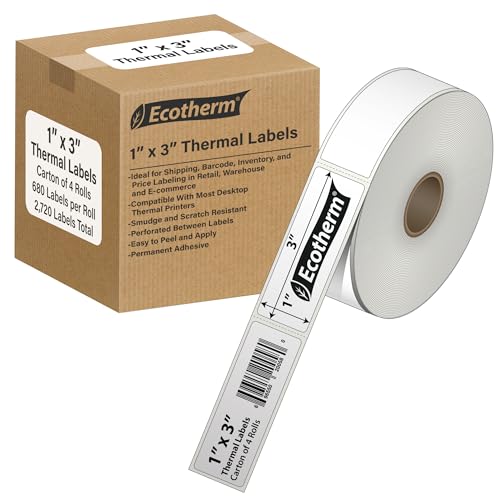 1" x 3" Thermal Labels | 4 Rolls | 2720 Labels | fits Zebra, Godex, Arkscan, iDPRT, Offnova Thermal Label Printers and More | Blank White Adhesive Stickers by Ecotherm