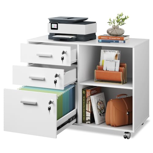 DEVAISE 3-Drawer Wood File Cabinet with Lock, Mobile Lateral Filing Cabinet, Printer Stand with Open Storage Shelves for Home Office, White