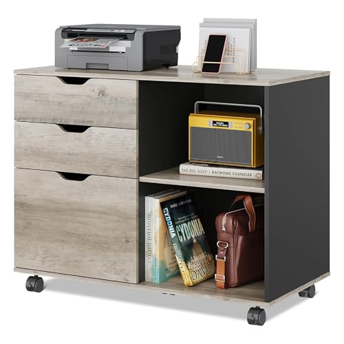 DEVAISE 3-Drawer Wood File Cabinet, Mobile Lateral Filing Cabinet, Printer Stand with Open Storage Shelves for Home Office, Greige