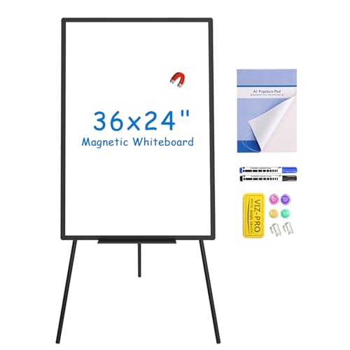 VIZ-PRO Magnetic Whiteboard Easel Black, 36 x 24 Inches, Portable Dry Erase Board Height Adjustable for School Office and Home
