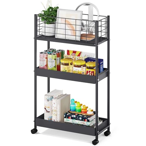 KINGRACK 3-Tier Metal Rolling Cart (Black)