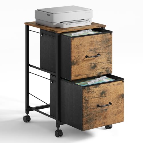 DEVAISE 2 Drawer Mobile File Cabinet, Rolling Printer Stand, Fabric Vertical Filing Cabinet fits A4 or Letter Size for Home Office, Rustic Brown Wood Grain Print