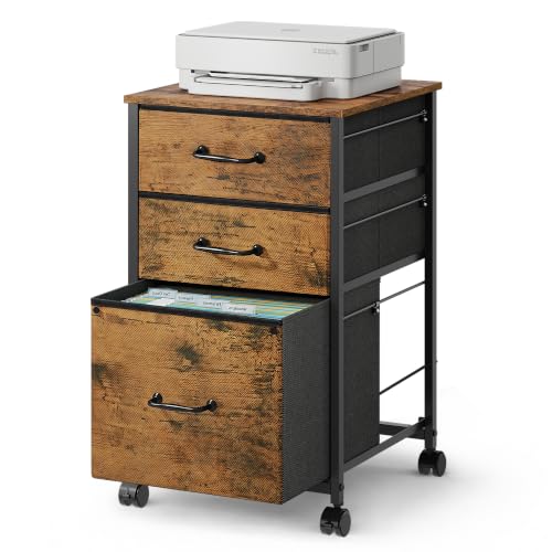 DEVAISE Mobile File Cabinet, Rolling Printer Stand with 3 Drawers, Fabric Vertical Filing Cabinet fits A4 or Letter Size for Home Office, Rustic Brown Wood Grain Print