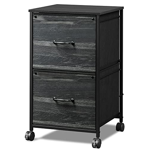 DEVAISE 2 Drawer Mobile File Cabinet, Rolling Printer Stand, Fabric Vertical Filing Cabinet fits A4 or Letter Size for Home Office, Charcoal Black Wood Grain Print
