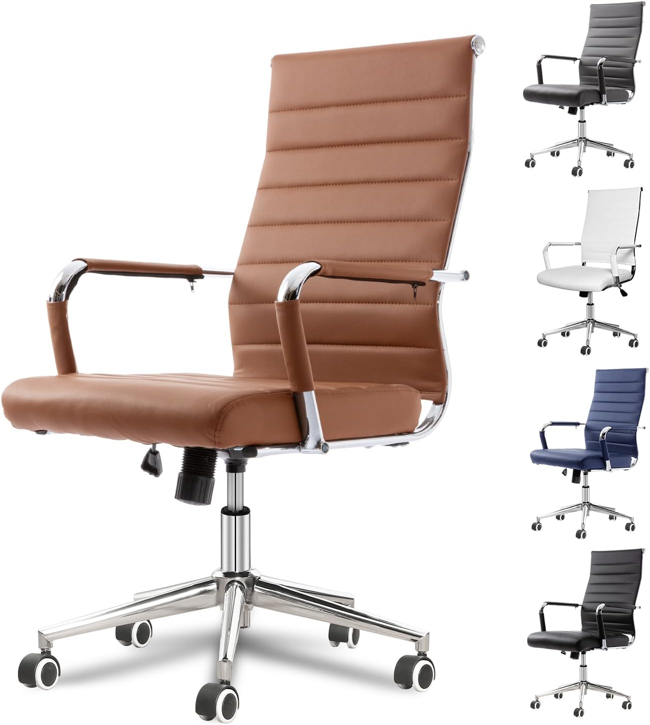 Okeysen Office Desk Chair, Ergonomic Leather Modern Conference Room Chairs, Executive Ribbed Height Adjustable Swivel Rolling Chair for Home Office. (Brown)