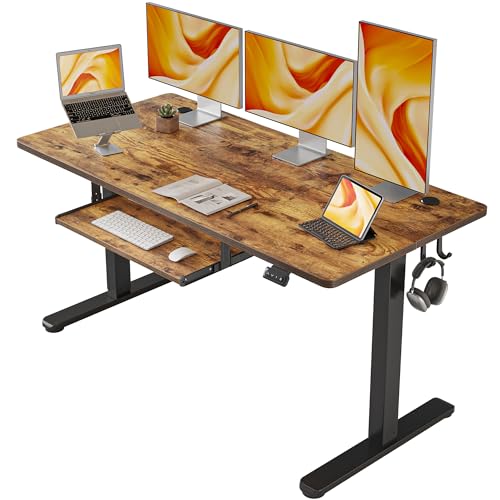 FEZIBO Standing Desk with Keyboard Tray, 60 x 24 Inch Adjustable Height Sit Stand Desk with Memory Presets for Home Office, Rustic Brown