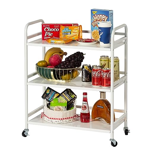 DCLRN 3 Tier Rolling Cart with Lockable Wheels Sturdy Construction,Solid Shelves,Recessed Screw Holes Ideal for Kitchen and Home Storage Size:23.6" Dx11.8 Wx29.5 H(White)