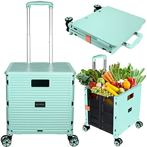SELORSS Foldable Utility Cart Portable Collapsible Crate Rolling Carts with Wheels Rolling Tote Basket Teacher Cart with Lid Wear-Resistant 360Rotate Wheel Noiseless for Shopping Storage Office Use