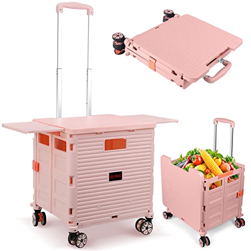 Foldable Utility Cart Collapsible Portable Crate Rolling Carts with Wheels Tote Basket with Magnetic Lid Telescopic Cover Wear-Resistant 360Rotate Wheel Noiseless for Shopping Storage Office Use
