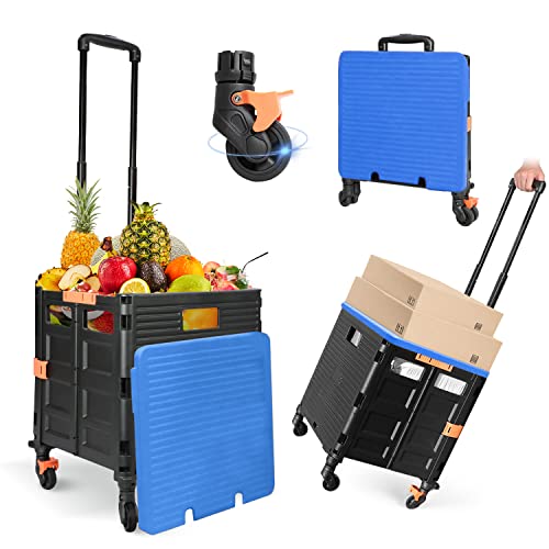 Foldable Utility Cart Folding Portable Rolling Crate Handcart Handcart Shopping Trolley Wheel Box with Lid,360Rotate Wheels,Heavy Duty Durable Dolly Cart for Teacher Tourist Shopping Office Outdoor