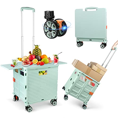 FELICON SELORSS Folding Utility Cart Portable Rolling Crate Handcart with Magnetic Sliding Lid Telescoping Handle Plastic Box Dolly 360Swivel Wheels for Travel Shop Move Office Teacher(Green Pro)