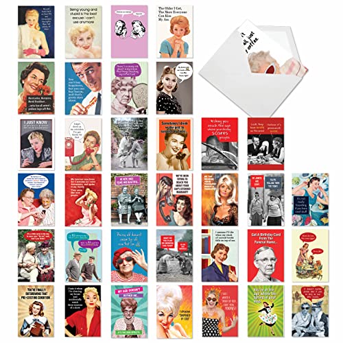 NobleWorks - 36 Assorted Funny Birthday Cards Bulk Box Set w/Envelopes, Vintage Adult Humor Greetings Variety Pack for Men and Women (36 Designs, 1 Each) - Retro Revelry AC7740BDG-B1x36
