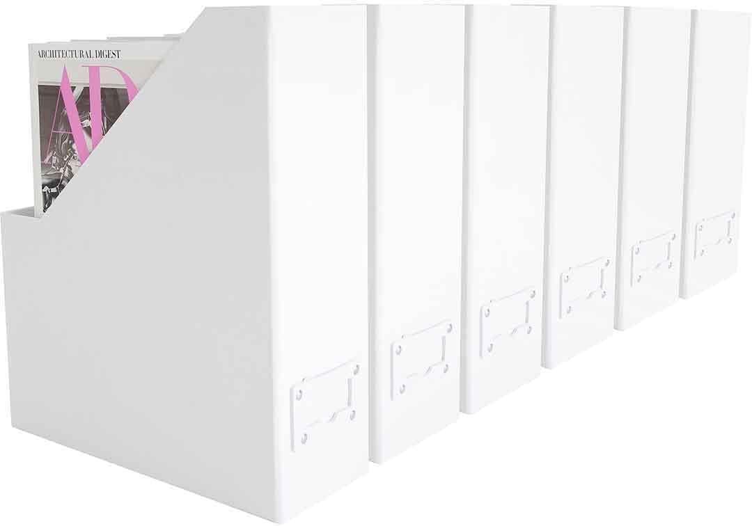 BLU MONACO Set of 6 Foldable White Magazine File Holder with White Leather Label Holders  Stylish Cardboard Desk Organizer Vertical File Organizers Magazine Storage for Workspace and Shelves