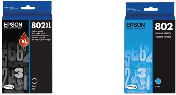 Epson T802 DURABrite Ultra -Ink High Capacity Black & T802 DURABrite Ultra -Ink Standard Capacity Cyan -Cartridge (T802220-S) for Select Workforce Pro Printers