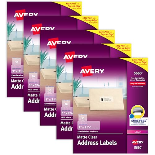 Avery Matte Frosted Clear Address Labels for Laser Printers, 1" x 2-5/8", 1,500 Labels (5660)