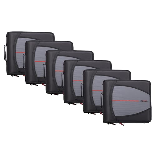 Case-it Mighty Zip Tab School Zipper Binder | 3-Inch O-Rings, 600-Sheet Capacity, 5-Subject Expanding File Folder, Multiple Pockets & Storage Organizer, Shoulder Strap | D-146 Jet Black | 6 Pack