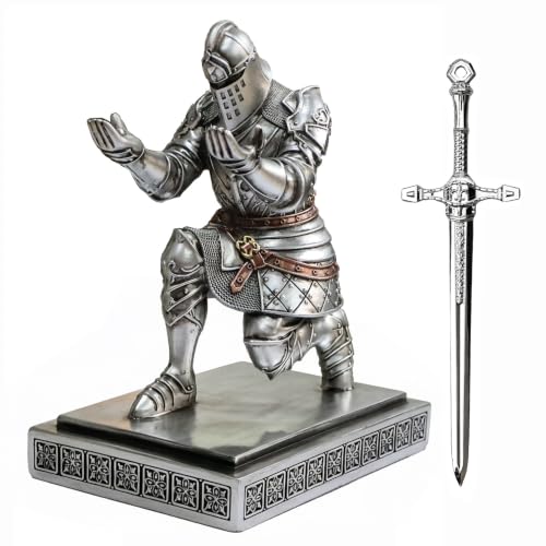 King's Guard Knight Pen Holder Pen Stand Desk Organizers and Accessories Resin Pencil Holder as Gift for Office and Home (Silver)