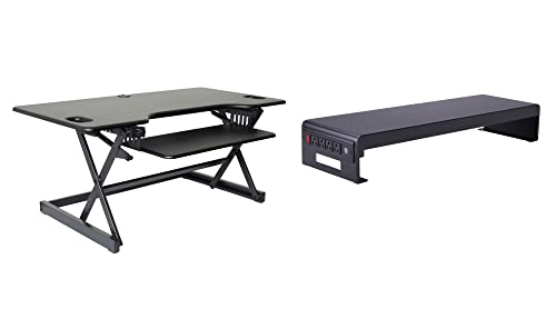 Rocelco 46" Large Height Adjustable Standing Desk Converter with Double Monitor Mount Stand BUNDLE - Quick Sit Stand Up Computer Workstation Riser - Retractable Keyboard Tray - Black (R DADRB-46-DMS)