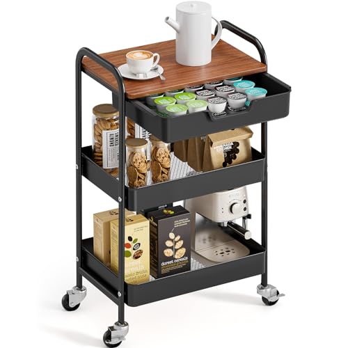 TOOLF 3-Tier Utility Rolling Cart with Wooden Board and Drawer