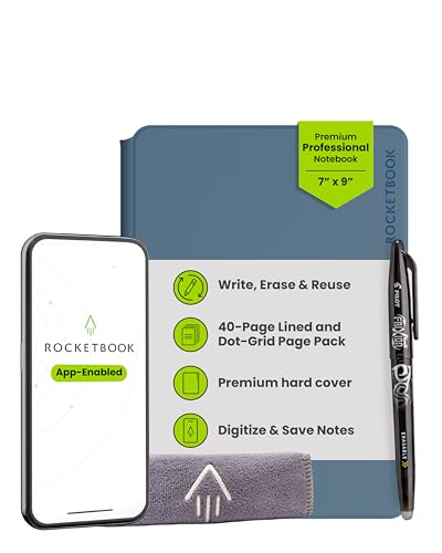 Rocketbook Pro 2.0 Reusable Professional Smart Notebook, Executive Size 7x9, Steel Blue - Lined & Dot Grid Pages, App-Connected, Erasable, Premium Cover, Ideal for Work Notes and Business Meetings