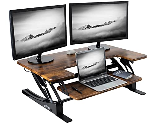 VIVO 36 inch Height Adjustable Stand Up Desk Converter, V Series, Quick Sit to Stand Tabletop Dual Monitor Riser Workstation, Rustic Vintage Brown Top, Black Frame, DESK-V000VN