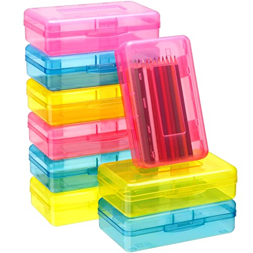 Leelosp 12 Pack Clear Pencil Boxes for School Bulk Plastic Pencil Case with Lid Hard Large Crayon Storage Box Stackable Classroom Stationery Organizer School Supplies for Adult(Pink Yellow Blue)