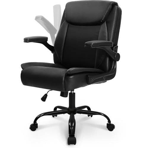 NEO CHAIR Office Desk Computer Chair Ergonomic Executive Mid-Back Leather Gaming Chair with Adjustable Flip-Up Armrests Wheels Swivel for Home Study Task (Jet Black)