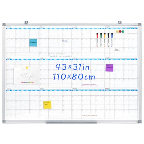 MAKELLO Large Magnetic Dry Erase Calendar Whiteboard Yearly for Home 43x31 in, Bedroom, Office, Classroom, 12 Months
