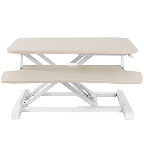 VIVO 26 inch Desk Converter, K Series, Height Adjustable Sit to Stand Riser, Dual Monitor and Laptop Workstation with Keyboard Tray, Light Wood Top, White Frame, DESK-V026KF