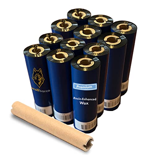 12 Rolls Wolfbarco 4.33" x 243' (110mm x 74m) Black Premium Resin-Enhanced Wax Thermal Transfer Ribbon Compatible with Zebra GC420t, GK420t, GX420t, GX430t, TLP2442, TLP2844, ZD220, ZD421t Printers