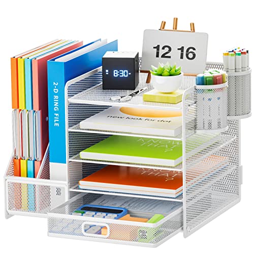 Marbrasse Desk Organiser with File Holder, 5-Tier Paper Letter Tray Organiser with Drawer and 2 Pen Holder, Mesh Desktop Organizer and Storage with Magazine Holder for Office Supplies(White)