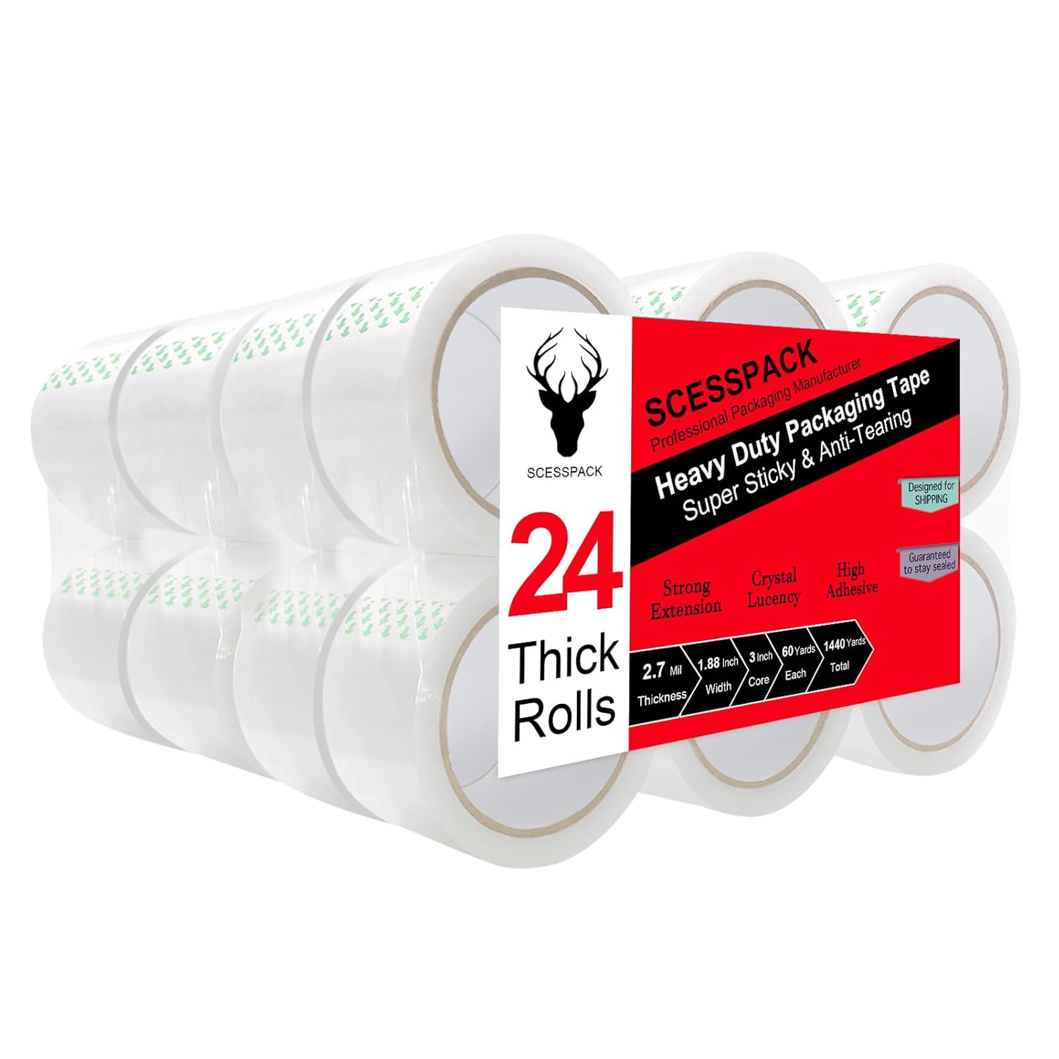 Clear Packing Tape 24 Rolls,2.7mil Heavy Duty Packaging Tape Refills for Shipping Packaging Moving Sealing, 1.88 Inch x 60 yd Per Roll,Total 1440 Yards