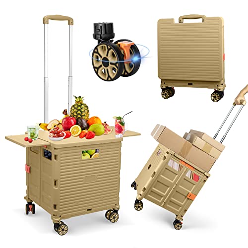 FELICON SELORSS Folding Utility Cart Portable Rolling Crate Handcart with Magnetic Sliding Lid Telescoping Handle Plastic Box Dolly 360Swivel Wheels for Travel Shop Move Office Teacher(Khaki Pro)