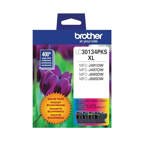 Brother Printer Genuine LC30134PKS 4-Pack High Yield Color Ink Cartridges, Page Yield Up to 400 Pages/Cartridge, Includes Black, Cyan, Magenta and Yellow, LC3013