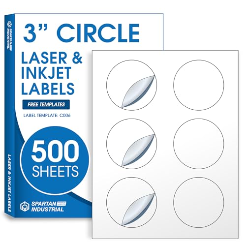 3" Circle Printable Labels Compatible with Inkjet and Laser Printers - 500 Sheets, 3000 Matte White Round Stickers for Product Labeling, Organization, and Custom Tags - Spartan Industrial