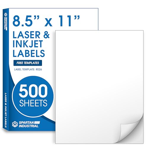 8.5" X 11" Full-Sheet Printable Labels Compatible with Inkjet and Laser Printers - 500 Sheets, 500 Matte White Paper Stickers for Shipping, Mailing, and DIY Projects - Spartan Industrial