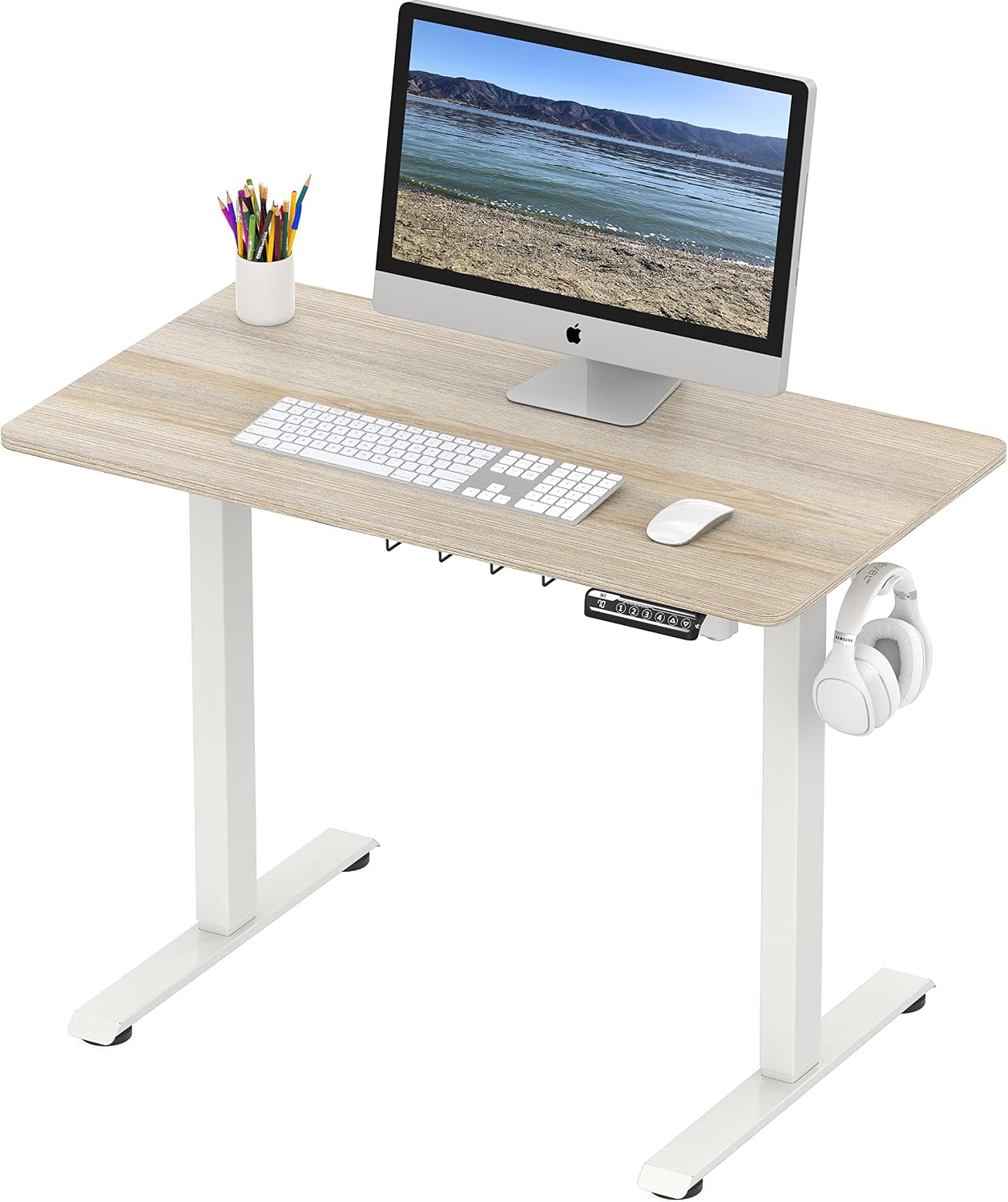 SHW 40 x 22 Inches Electric Height Adjustable Sit to Stand Desk with Hanging Hooks and Cable Management, White Frame and Maple Top