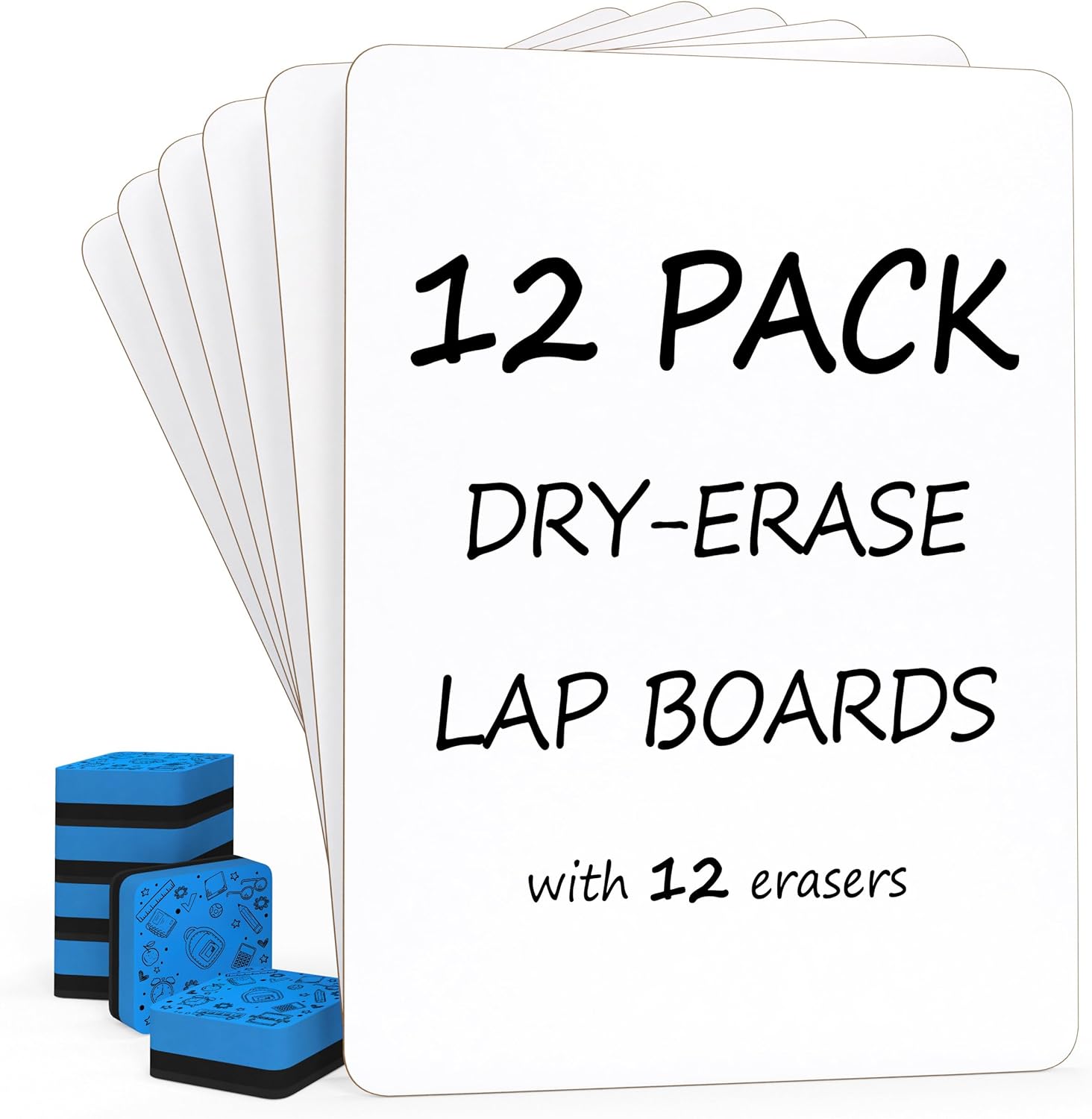 Set of 12 Small White Board Dry Erase Boards Classroom Pack Mini White Boards 9"x12 Double Sided Personal Whiteboards for Students Teachers School Supplies Lapboards l 12 Mini Whiteboard Erasers Incl