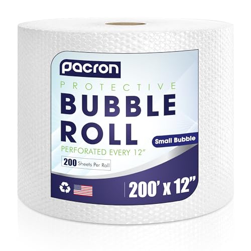 Protective Bubble Roll Wrap - 200FT x 12IN Clear, 3/16" Dense Small Bubble Cushioning for Fragile Items, Dish Packing & Packaging Supplies Shipping & Storage - Perforated Every 12IN