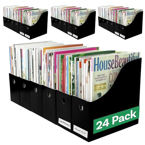 Evelots Magazine File Holder - Set of 24 Black - Office Desk Organizer - Sturdy Cardboard - New Upgraded Double Front Panel for More Stability - Full 4 Inch Wide - Easy Assemble