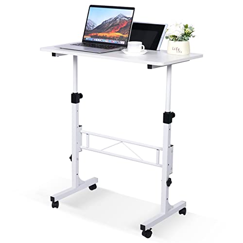 KLSMYHOKI Portable Standing Desk Adjustable Height, Small Computer, Laptop, Mobile Stand Up Rolling Desk with Wheels, Table for Home Office, 16"x31.5" Height 27"-43.5", White