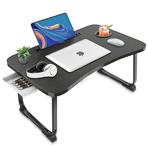 Fayquaze Portable Foldable Lap Desk with Storage Drawer and Cup Holder - Laptop Bed Stand Tray Table for Eating, Reading and Working