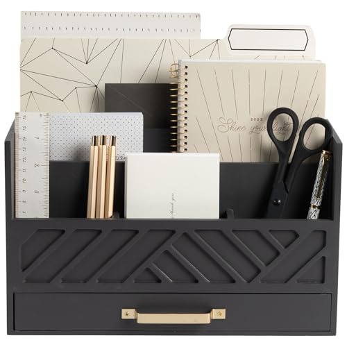 BLU MONACO Grey Wooden Desk Organizer with Drawer and Gold Handle  Perfect Desk Accessories for Home Office Organization  Desktop Mail Storage for Office Supplies