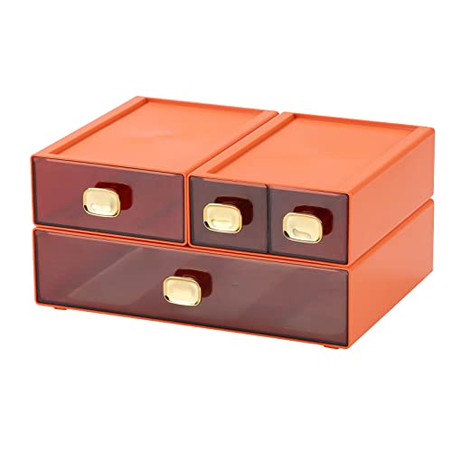 Spacious Desktop Storage Box, 1 Large 1 Middle & 2 Small Storage Drawers, Stackable Office Desk Drawer Organizer and Accessories, Printer Paper Organizer, Orange Plastic Drawers for Workspace